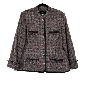 Sag Harbor Tweed Jacket Women’s 14 Black Red Fringed Trim Button Up Chanel Style